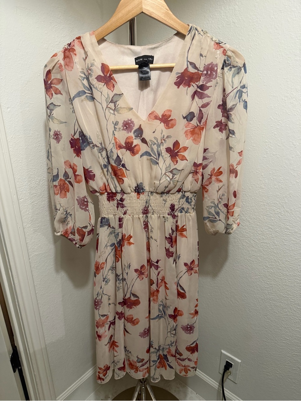 Floral V-Neck Smocked Midi Dress in Cream